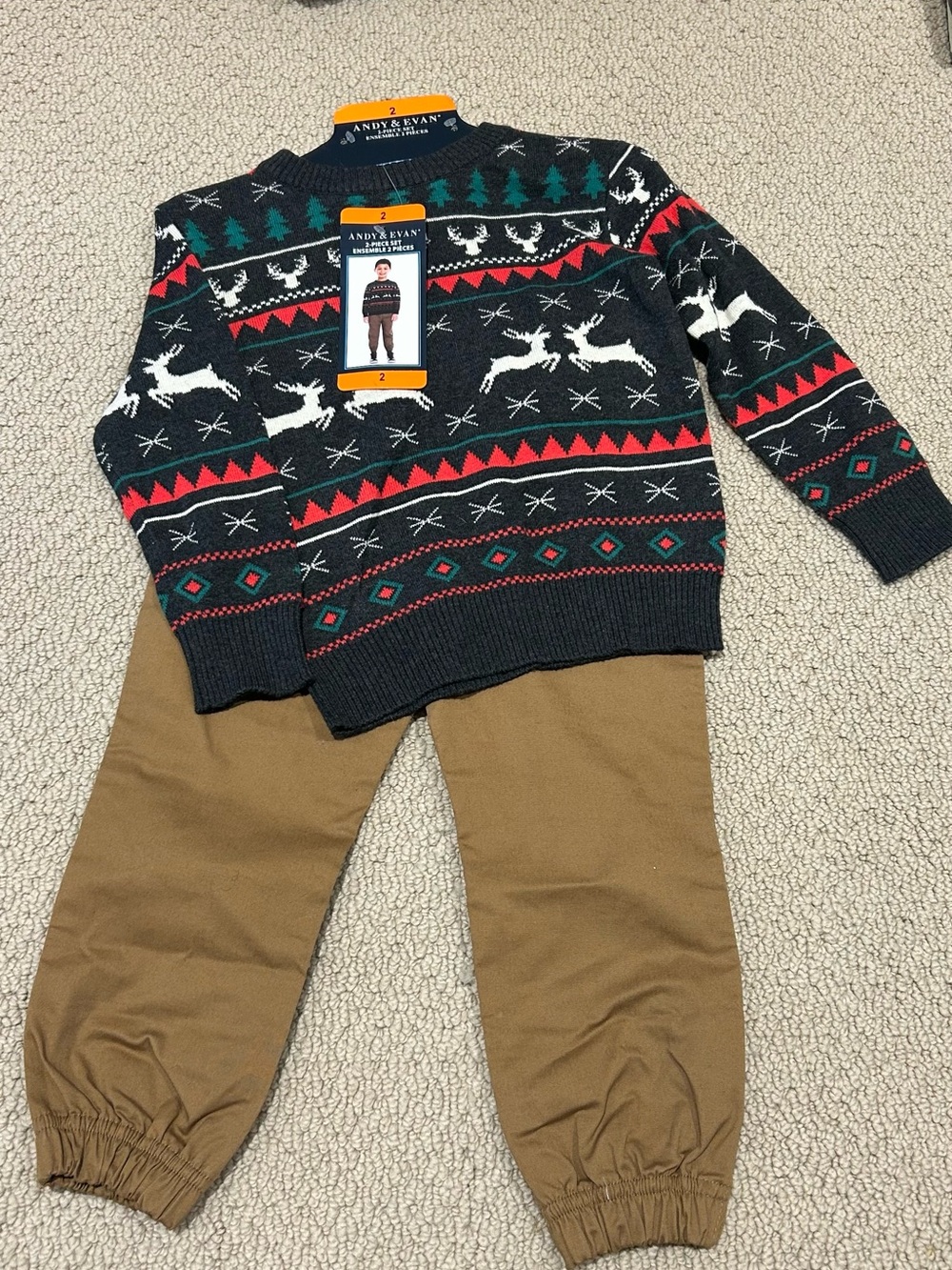 Andy & Evan Black Fair Isle Reindeer Sweater with Red and Green Accents